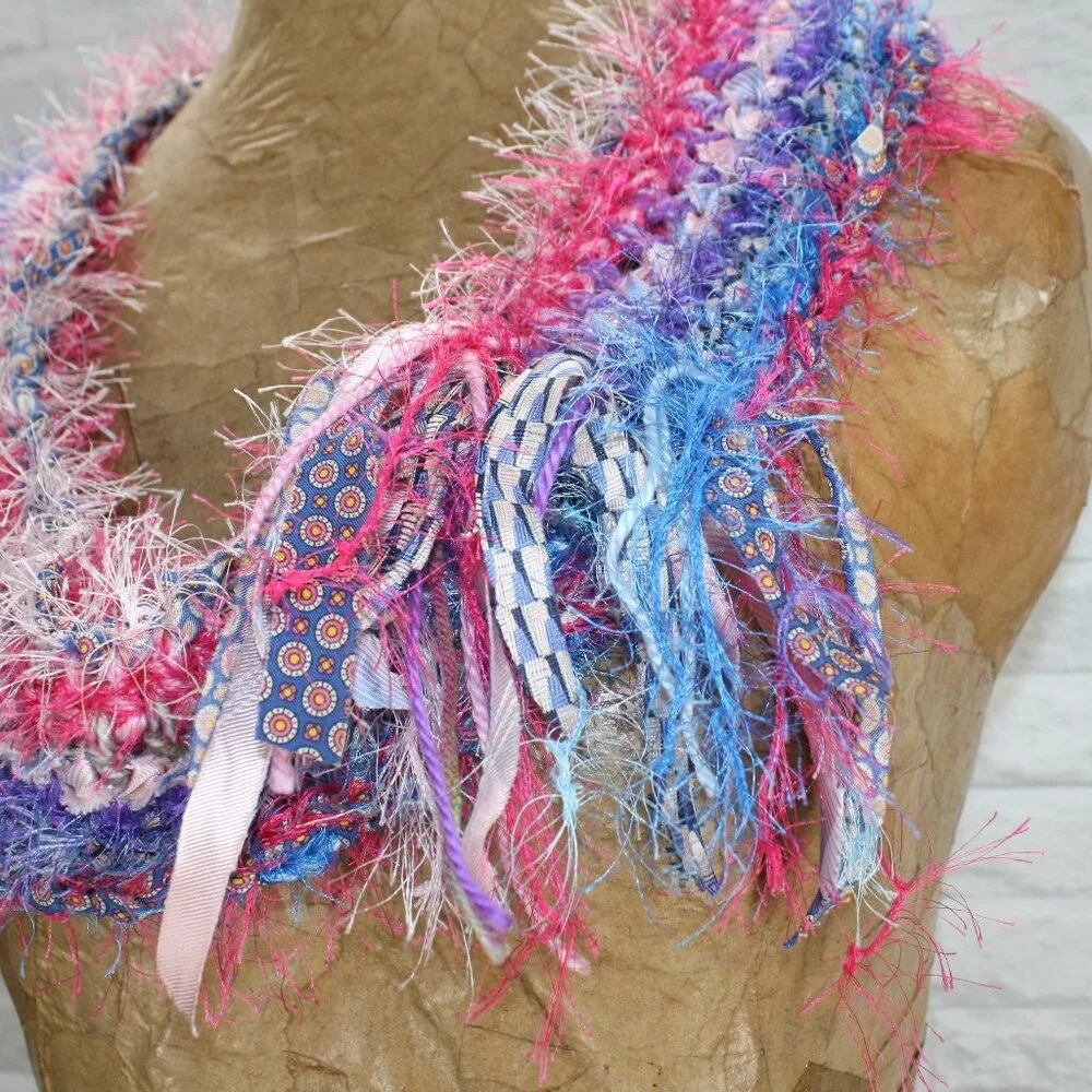 HAND CRAFTED Scarf Upcycled Crochet Infinity Oversized Fuzzy Necktie Pink Stripe